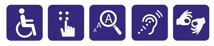 Symboles de l'accessibilité : vue, mobilité, touché 